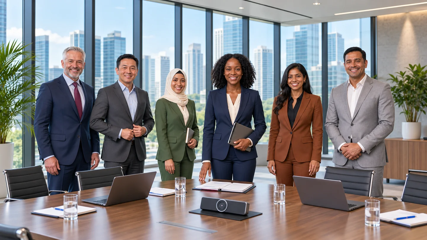 Illustrative scene of six business professionals gathered in a modern boardroom.